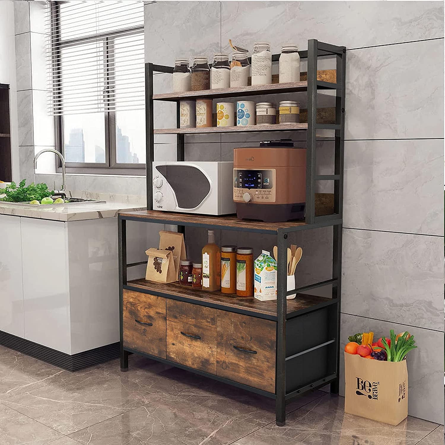 Bakers Rack with Draw Basket, 5-Tier Free Standing Kitchen Storage ...