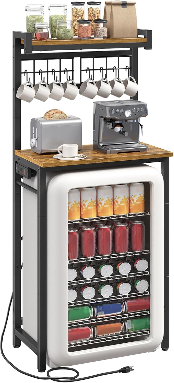 Bakers Rack with Mini Fridge Stand 57.5" H, Microwave Stand with Charging Station Coffee Bar with 8 Hooks X‑Shaped Brace Rustic Brown