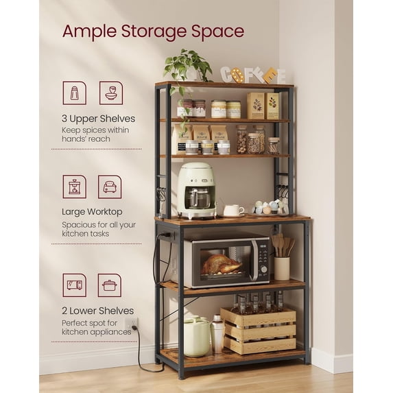 VASAGLE Bakers Rack with Power Outlet, 31.5 Inches Coffee Bar for Kitchen with Storage, 6-Tier Kitchen Shelves with 6 Hooks, Microwave Stand