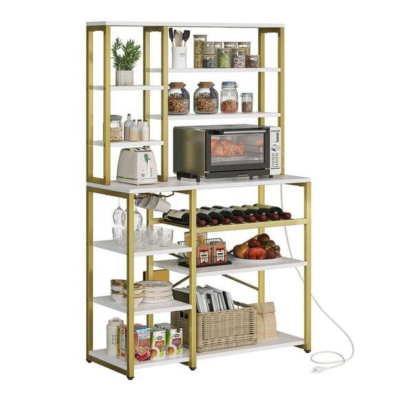 Bakers Rack with Power Outlet 39" Coffee Bar w/Wine Rack Microwave Stand Shelf