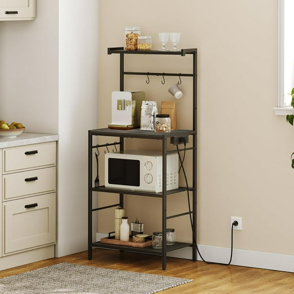 Bakers Rack with Power Outlet, 4-Tier Coffee Station, 6 Hooks, Microwave Stand, Kitchen Storage Shelf, Charcoal Gray and Black