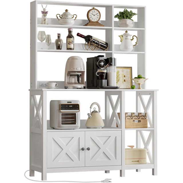 Bakers Rack with Power Outlet, 45in Wide Coffee Bar Cabinet with Storage, 6-Tier Kitchen Storage with Doors, Microwave Stand for Kitchen, Dining Room