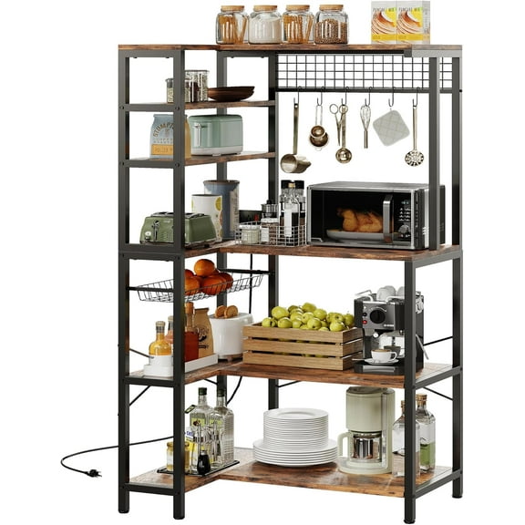 Bakers Rack with Power Outlet, 5-Tier Corner Microwave Stand with Storage, Coffee Bar with 6 S-Shaped Hooks, Kitchen Shelves with Wire Basket