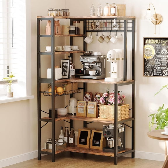 Bakers Rack with Power Outlet, 5-Tier Corner Microwave Stand with Storage, Coffee Bar with 6 S-Shaped Hooks, Kitchen Shelves with Wire Basket