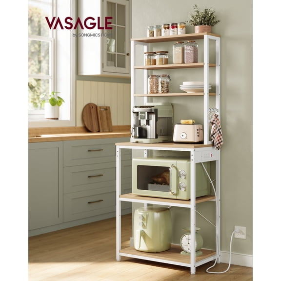 Bakers Rack with Power Outlet, 65.7 Inch Coffee Bar Shelf with Adjustable Shelf & 6 Hooks, Microwave Stand for Kitchen, Golden Oak & White
