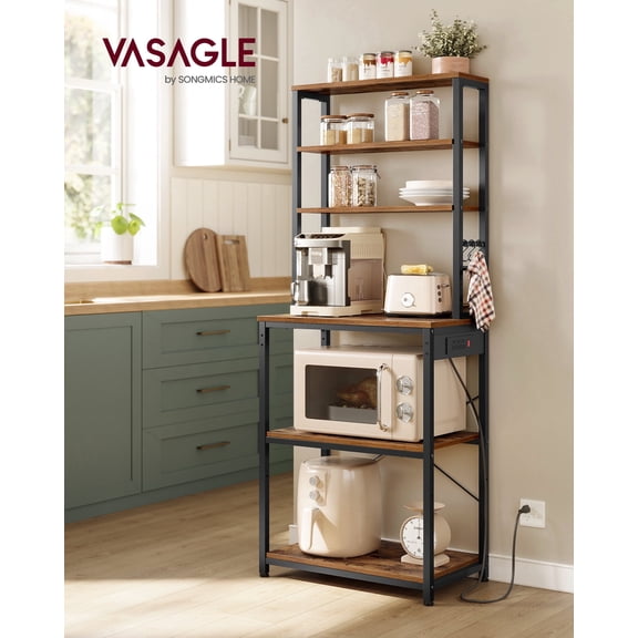 Bakers Rack with Power Outlet, 65.7 Inch Coffee Bar Shelf with Adjustable Shelf & 6 Hooks, Microwave Stand for Kitchen, Rustic Brown & Black