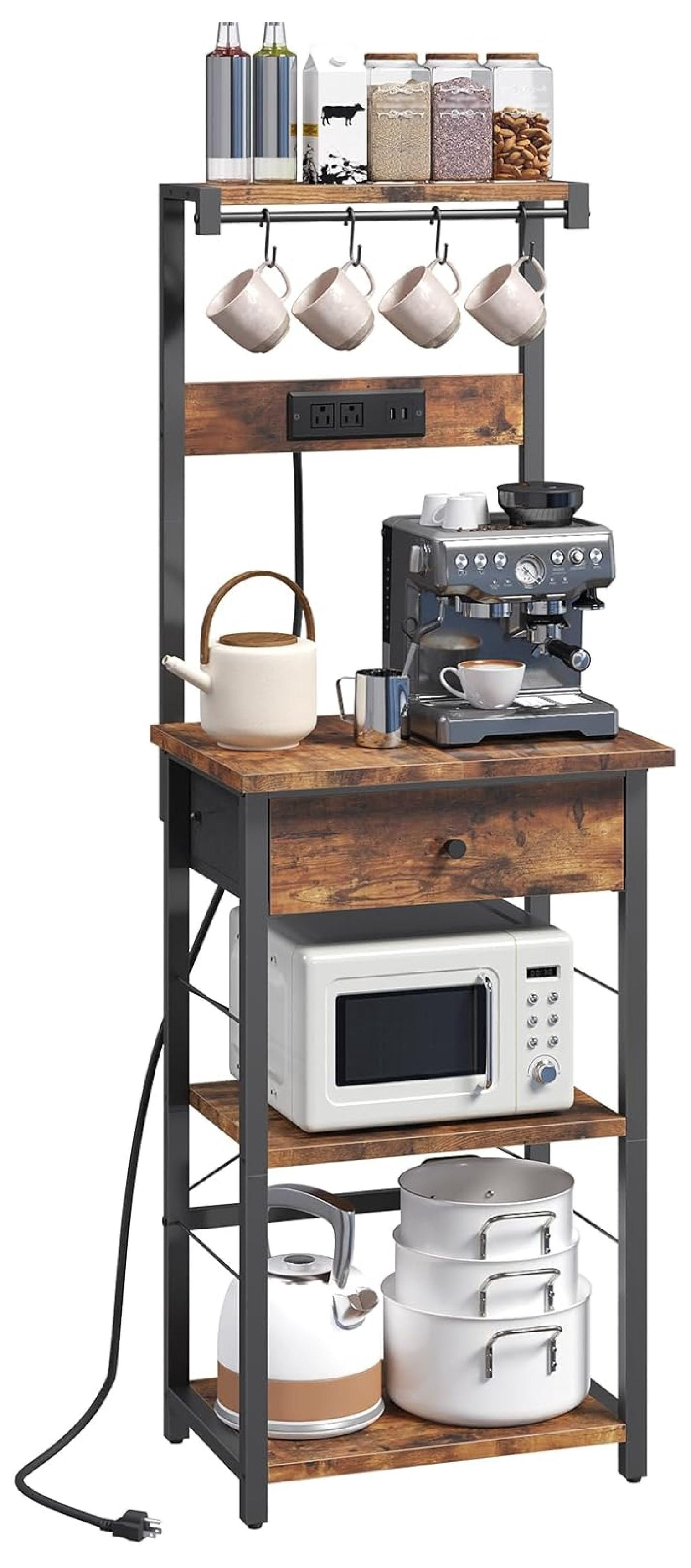 Bakers Rack with Power Outlet, Kitchen Microwave Stand, Coffee Bar ...