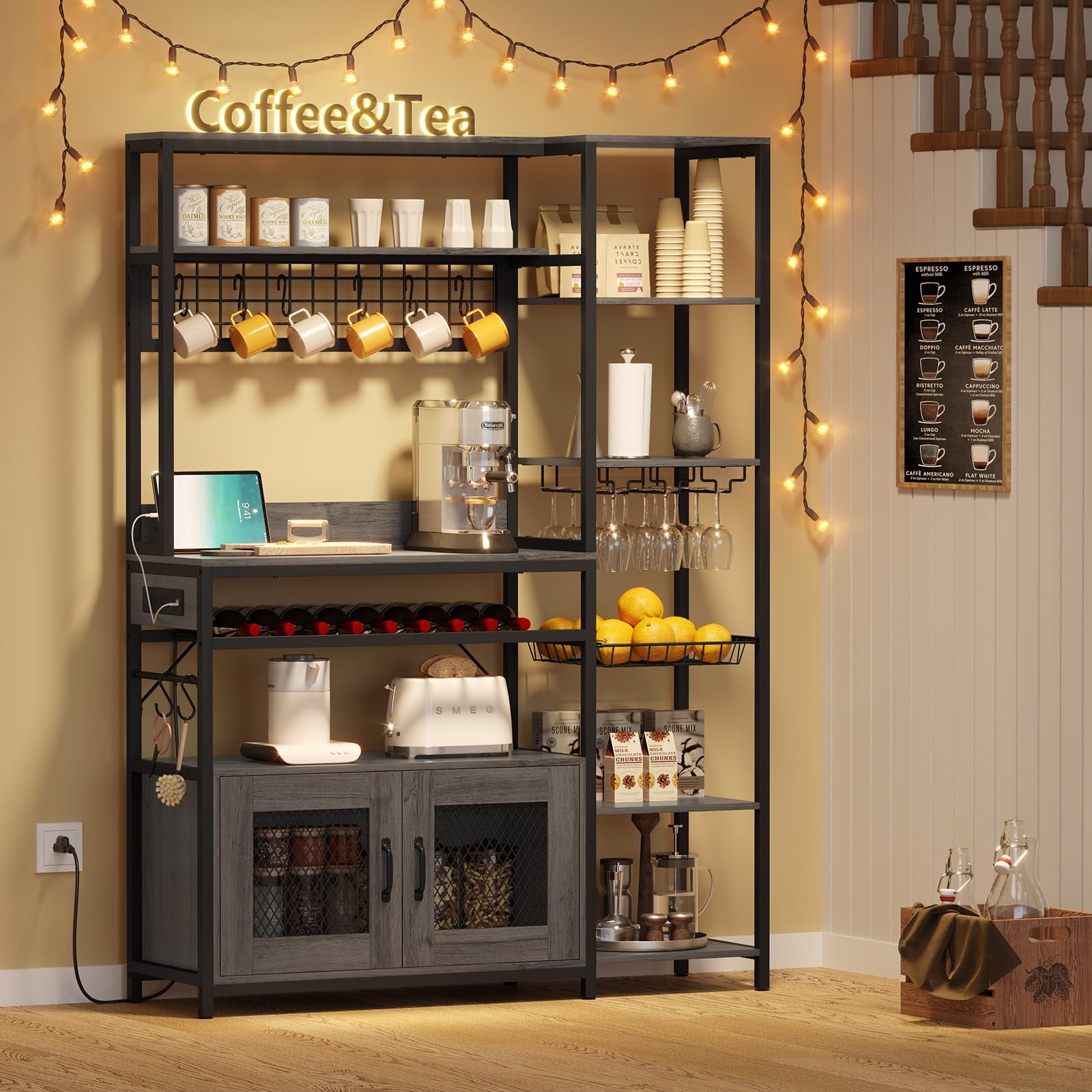 Bakers Rack with Power Outlet Kitchen Stand with Storage Shelf and Cabinet Grey