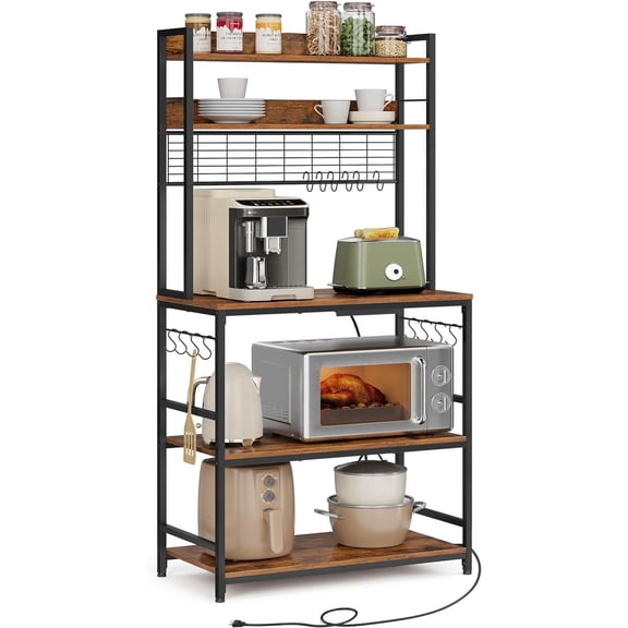 VASAGLE Bakers Rack with Power Outlet, Kitchen Storage Shelf, 31.5 Inches, Top, Rustic Brown Black