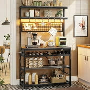 Bakers Racks for Kitchens with Storage,6-Tier Coffee Bar Microwave Stand with Power Outlet and LED Lights and 10 Hooks,Grey
