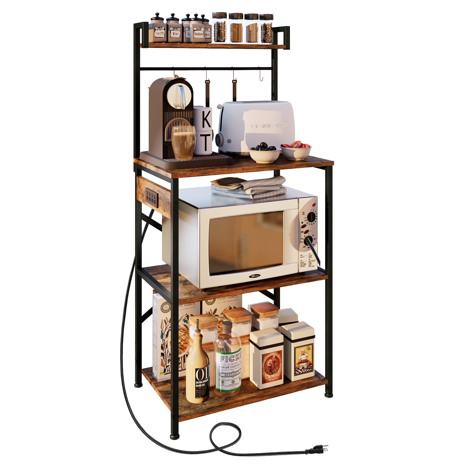 Rustic Brown 5-Tier Bakers Rack with Power Outlet