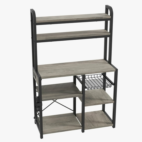 Bakers Rack with Power Outlet, Modern 6 Tier Microwave Stand Buffet Table Storage Rack with Wire Basket and Hutch