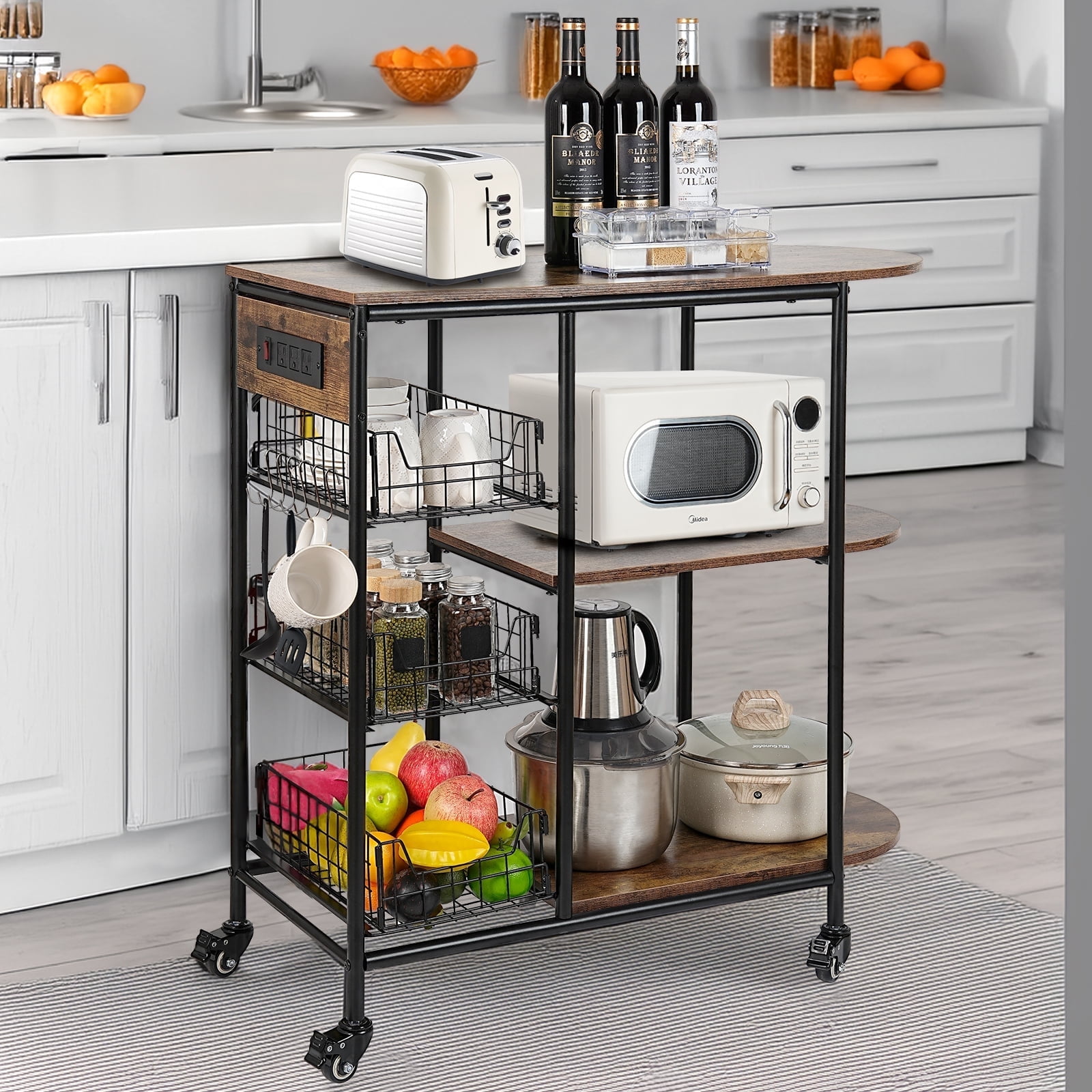 ZZBIQS Bakers Rack with Power Outlet,Rolling Kitchen Island on Wheels for Oven Microwaves,Coffee Bar Table Storage Shelves, 32.7*14.2*33.9 inches,Brown