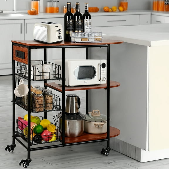 Bakers Rack with Power Outlet,Rolling Kitchen Island on Wheels,Coffee Bar Table Storage Shelves, 32.7*14.2*33.9 Inches,Red Brown