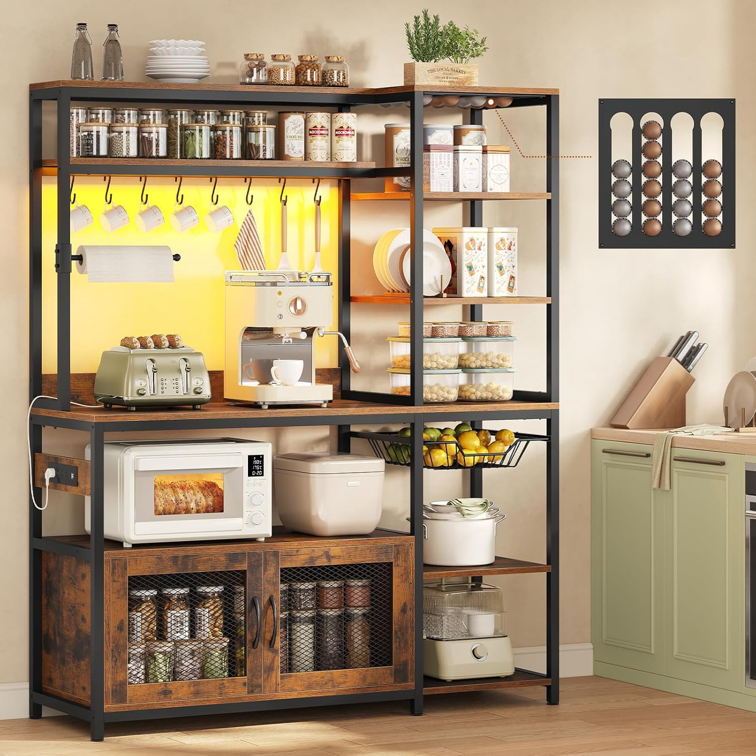 Kitchen Stand Rack Frhnenha, Bakers Rack with Power Outlet and LED Light, Rustic Brown ...