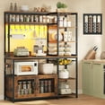 thumbnail image 1 of Bakers Rack with Power Outlet and LED Light, Coffee Bar with Coffee Pod Holder, Kitchen Microwave Stand with Storage Shelves, Cabinet, Wire Basket, 8 Hooks, Rustic Brown, 1 of 7