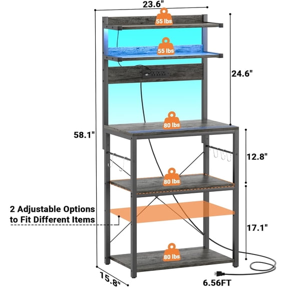 Bakers Rack with Power Outlets, 5 Tiers Coffee Station with LED Lights, Kitchen Storage Shelf with S-Hooks, Black Oak