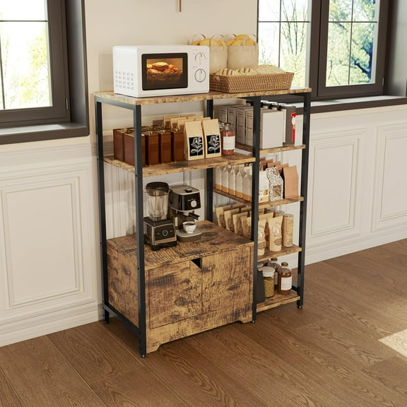 Bakers Rack with Storage Cabinets, Farmhouse Coffee Bar Cabinet, Kitchen Microwave Stand with Storage Shelf for Dining Room, Living Room