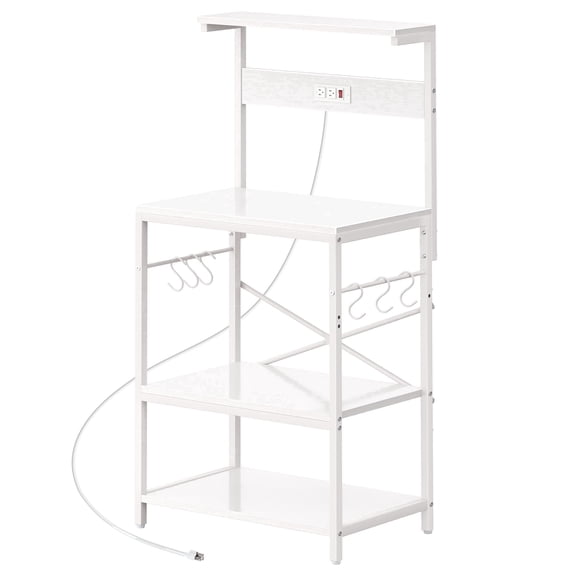 Amadwell Kitchen Bakers Rack, Power Outlet & Coffee Bar, 4-Tier Microwave Stand, 6 S-Shaped Hooks, Storage Shelf Rack for Spices, Pots and Pans, White