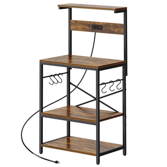 Amadwell Kitchen Bakers Rack, Power Outlet & Coffee Bar, 4-Tier Microwave Stand, 6 S-Shaped Hooks, Storage Shelf Rack for Spices, Pots and Pans, Rustic Brown