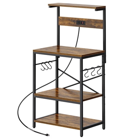 Amadwell Kitchen Bakers Rack, Power Outlet & Coffee Bar, 4-Tier Microwave Stand, 6 S-Shaped Hooks, Storage Shelf Rack for Spices, Pots and Pans, Rustic Brown