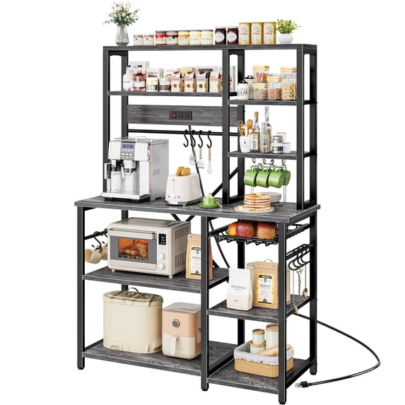 Amadwell 39.4" Large Bakers Rack, 6-Tier Microwave Stand with Power Outlets, Kitchen Shelf with Wire Basket