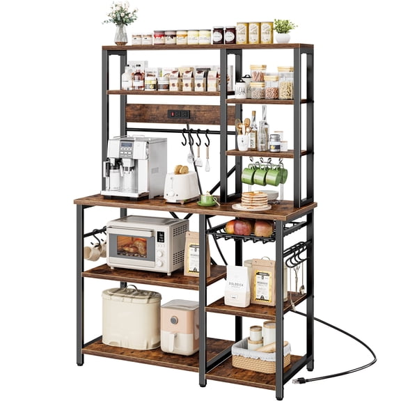 Amadwell 39.4" Large Bakers Rack, Power Outlets Microwave Stand, Coffee Bar with 6-Tier Storage, 12 S-Shaped Hooks, Kitchen Shelf & Wire Basket, Rustic Brown
