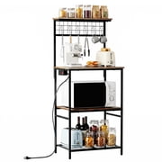Behome Kitchen Bakers Rack with Power Outlet,Microwave Stand Station with 6 S Hooks,4 Tiers Kitchen Storage Shelf Rack for Kitchen, Dining Room,Living Room,Rustic Brown