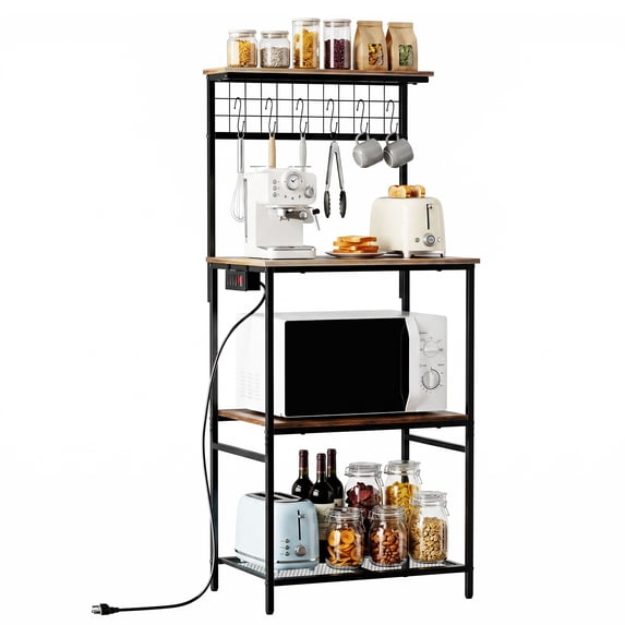 Behome Kitchen Bakers Rack with Power Outlet,Microwave Stand Station with 6 S Hooks,4 Tiers Kitchen Storage Shelf Rack for Kitchen, Dining Room,Living Room,Rustic Brown