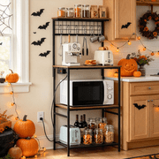 Behome Kitchen Bakers Rack with Power Outlet,Microwave Stand Station with 6 S Hooks,4 Tiers Kitchen Storage Shelf Rack for Kitchen, Dining Room,Living Room,Rustic Brown