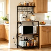 Behome Kitchen Bakers Rack with Power Outlet,Microwave Stand Station with 6 S Hooks,4 Tiers Kitchen Storage Shelf Rack for Kitchen, Dining Room,Living Room,Rustic Brown