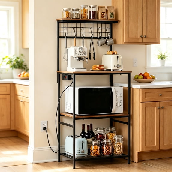 Behome Kitchen Bakers Rack with Power Outlet,Microwave Stand Station with 6 S Hooks,4 Tiers Kitchen Storage Shelf Rack for Kitchen, Dining Room,Living Room,Rustic Brown