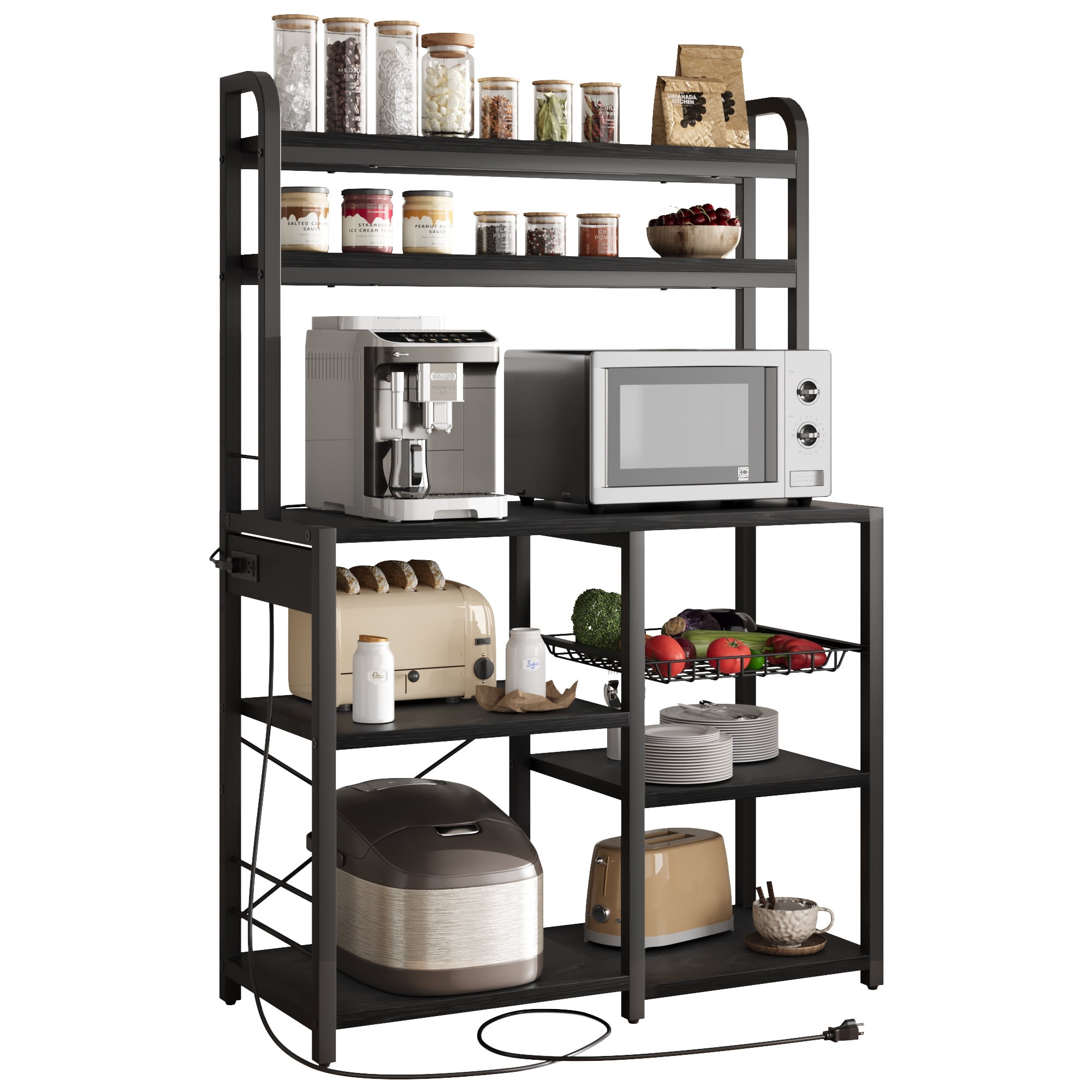 Rustic Brown Adjustable 6-Tier Baker's Rack with Power Outlet