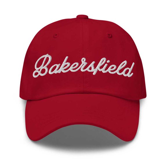 Bakersfield Baseball Cap Bakersfield Dad Hat Bold Script Arizona AZ Hat Embroidered Souvenir Gift Cranberry