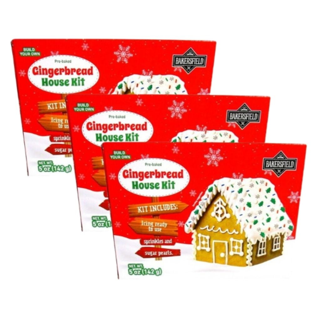 Bakersfield Pre-Baked Gingerbread House Kit Pack of 3 | Christmas Decorating Set with Icing & Sprinkles | Family Fun Holiday Activity