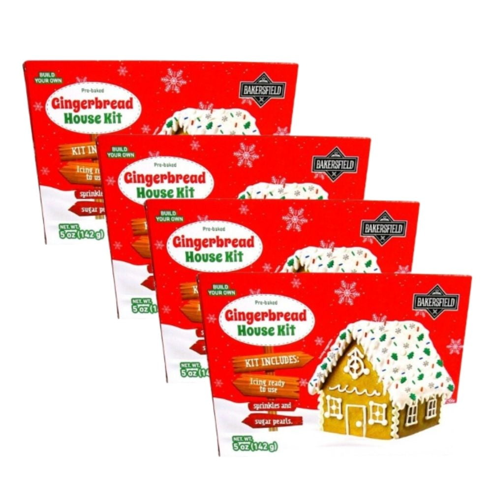 Bakersfield Pre-Baked Gingerbread House Kit Pack of 4 | Christmas Decoration Sets with Icing & Sprinkles | Family Holiday Fun Activity