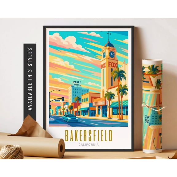 Bakersfield Travel Poster Retro City Destination Wall Art Bakersfield Ca Poster Eclectic Home Decor Trendy Art Wall Decor Home Decor, 8x12 UNFRAMED