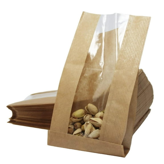 Bakery Bag with Window For Cookies or Pastries - 11 x 7.1 x 2.8 inches Brown Kraft Paper Bags - Pastry Bags - Bagel Bags - Sandwich Bags - Trail Mix Bags (100)