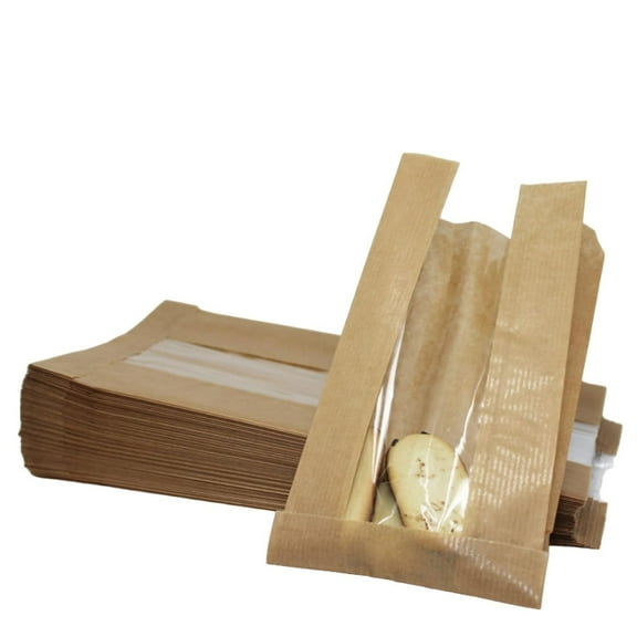 Bakery Bag with Window For Cookies or Pastries - 8.7 x 4.7 x 2 inches Brown Kraft Paper Bags - Pastry Bags - Bagel Bags - Sandwich Bags - Trail Mix Bags (100)