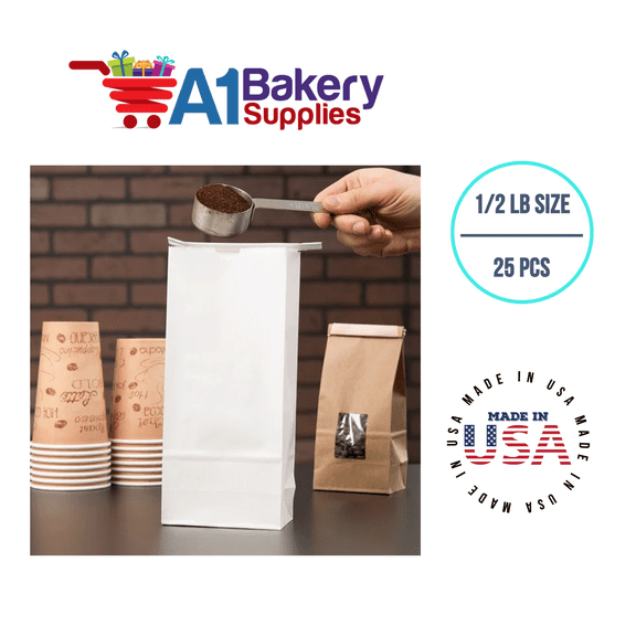 Bakery Bags Paper Bags Tin Tie Tab Bags Cookie Bags, Coffee Bags Tin Tie Bags (1/2 LB 25 Pack White with No Window)