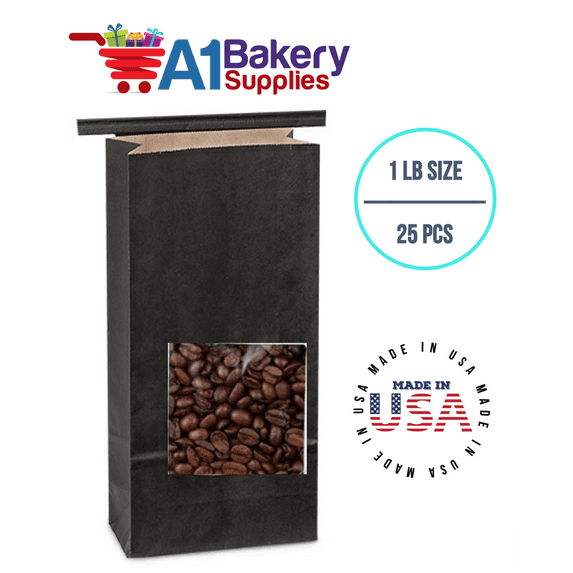 Bakery Bags Paper Bags Tin Tie Tab Bags Cookie Bags, Coffee Bags Tin Tie Bags (1 LB 25 Pack Black with Square Window)