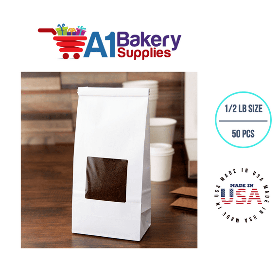 Bakery Bags Paper Bags Tin Tie Tab Lock Bags Bags Cookie Bags, Coffee Bags Tin Tie Bags Tin Tie Bags (1/2 LB 50 Pack White with Square Window)