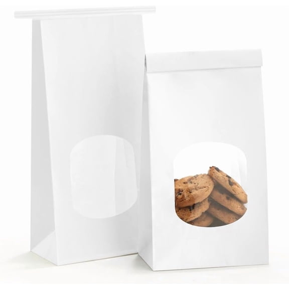 Bakery Bags with Window 100pcs 4.5x2.36x9.6 Inches White Kraft Paper Bags with Tin Tie Tab Lock for Cookies, Coffee Beans, Snacks, Food Storage, Lightweight and Durable