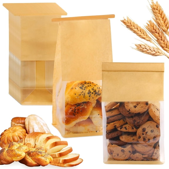 Bakery Bags with Window, 50 5.1x3.9x11 Cookie Bags with Seal Tin Tie Tab Lock for Sealed Baked Goods Packaging for Bagels Breads Goodies Cookie Brown