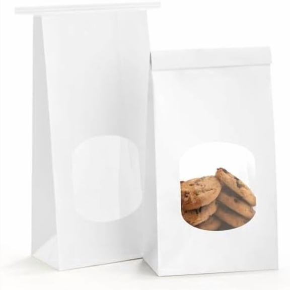 Bakery Bags with Window 100Pcs 4.5x2.36x9.6 Inches White Kraft Paper Bags with Window, Tin Tie Tab Lock, for Bakrery, Cookie, Coffee Bean, Snack