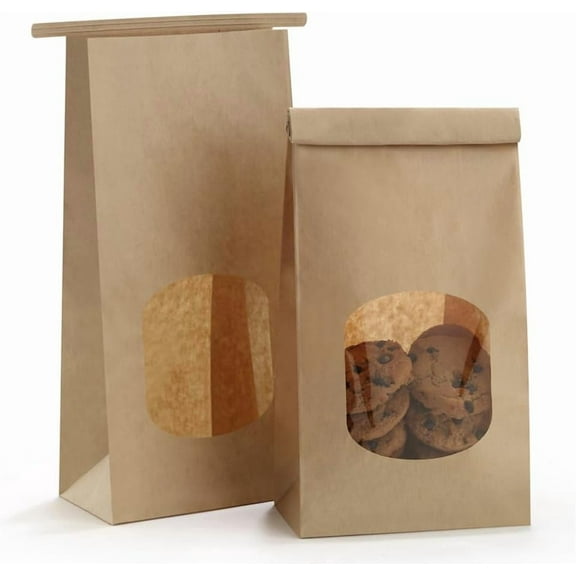 Bakery Bags with Window 100pcs 4.5x2.36x9.6 Inches Window Tin Tie Tab Lock Kraft Brown Paper Bags for Coffee Bean, Cookies, Treat, Snack