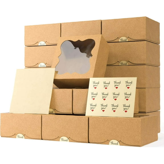Bakery Boxes with Window 6x6x3 Pack of 20 - Cookie, Cupcake, Cake, Pastry, Pie, Strawberries, Dessert, Treat Boxes -Thick Natural Kraft Paper - Easy to Assemble - Great Cookie Boxes for