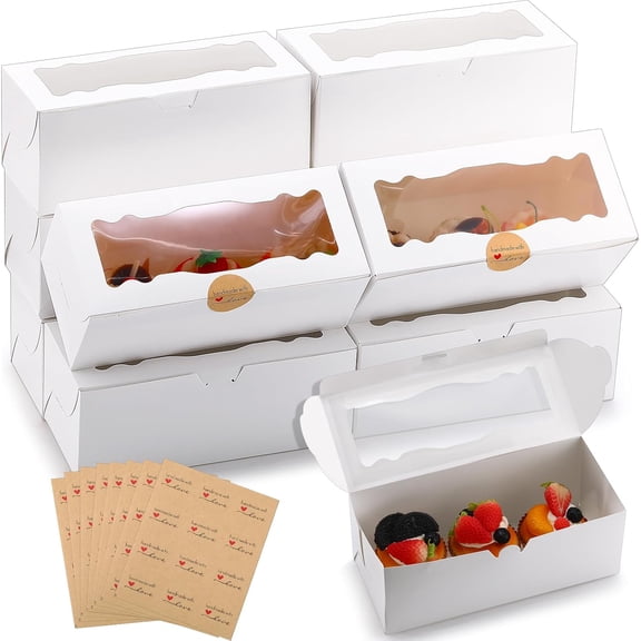Bakery Boxes with Window White Cookie Roll Cupcake Loaf Bread Box Rectangle Treat Packaging Container with Round Sealing Label