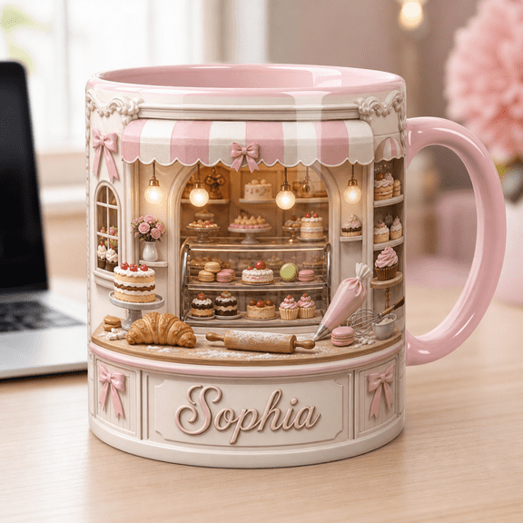 Bakery Cafe Mug, Custom Mug, 2D Printed 3D Effect, Personalized Mug, Pink Pastry Shop Mug, Croissant Cake Macaron Mug, Baking Tools Gift, Cute Kitchen Decor Gifts for Women Her Bakers Home