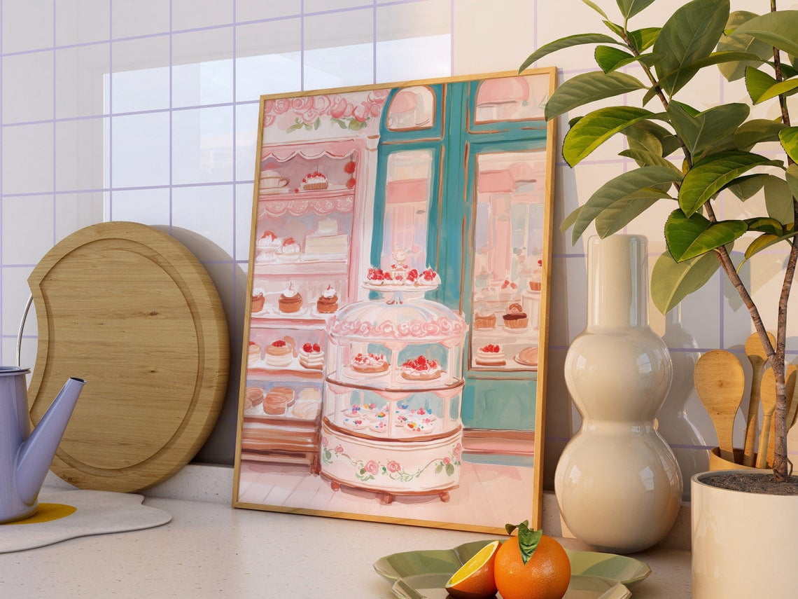 Bakery Cafe Pastel Trendy Pink Kitchen Wall Decor, Unframed Canvas ...